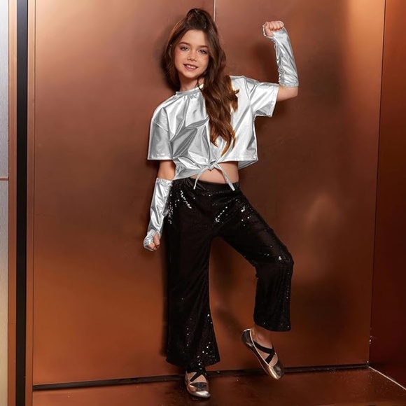 Girls Metallic Shiny Tie Front Knot Crop Top W/Arm Sleeves for Dancing, 12-13 yr - Picture 3 of 11